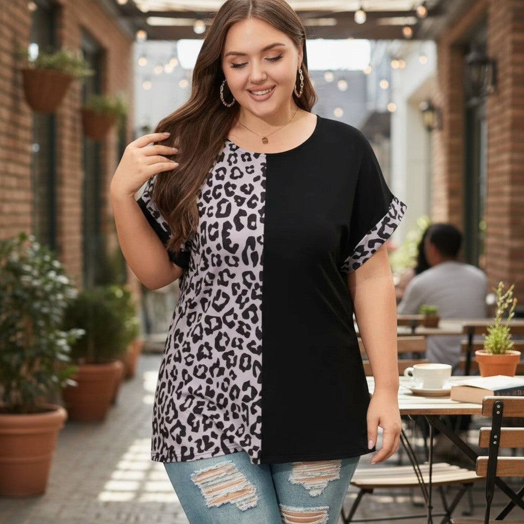 Plus Size Black Half Leopard Patchwork Top