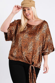 Plus Size Short Sleeve Leopard Print Woven Top