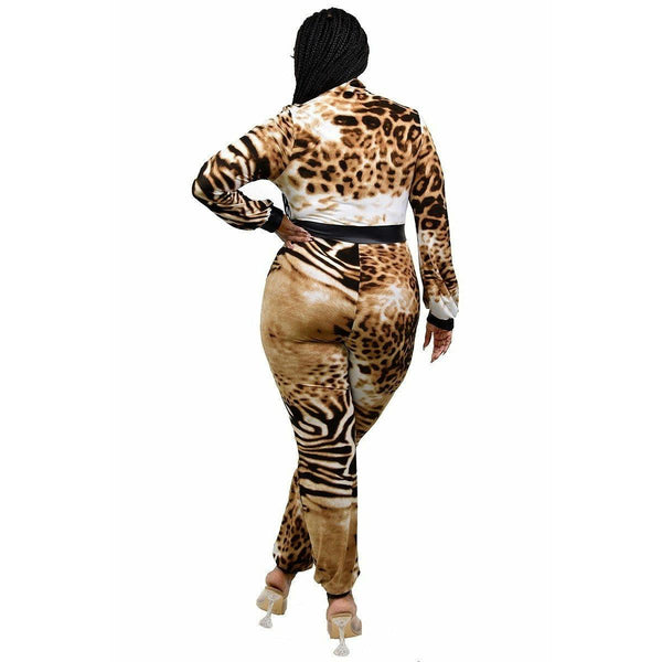 Plus size long sleeve leopard print zip up jumpsuit