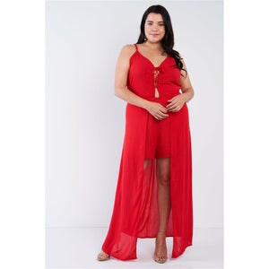 Plus size sleeveless front lace up red maxi romper dress