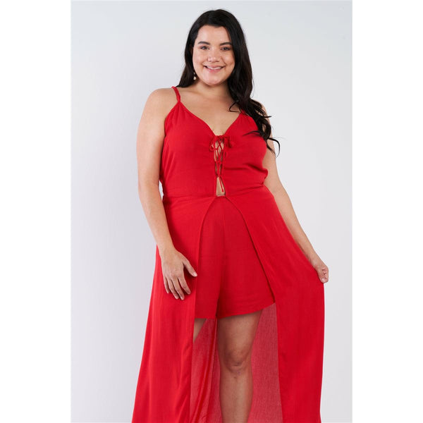 Plus size sleeveless front lace up red maxi romper dress