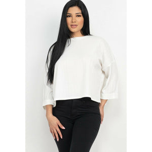 White drop shoulder roll up 3/4 sleeves top