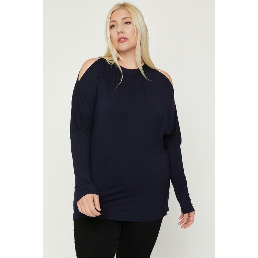 Plus size long sleeve cutout solid navy top