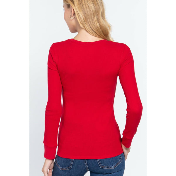 Red Long Sleeve Henley Thermal Top