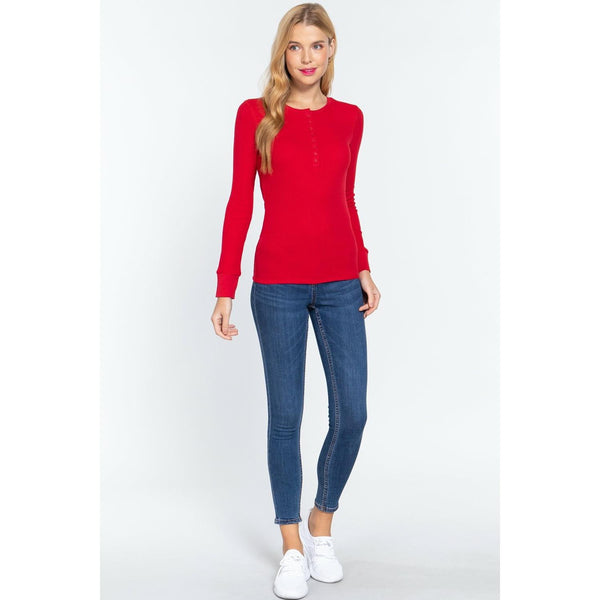 Red Long Sleeve Henley Thermal Top