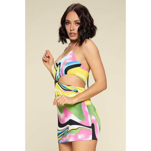 Sleeveless multi color short dress with front cut out