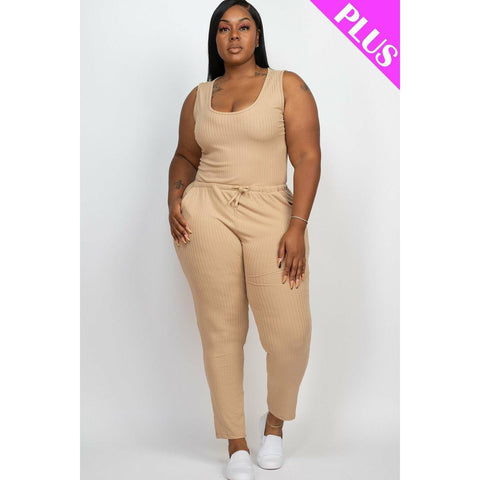 Plus size high stretch knit ribbed drawstring jumpsuit