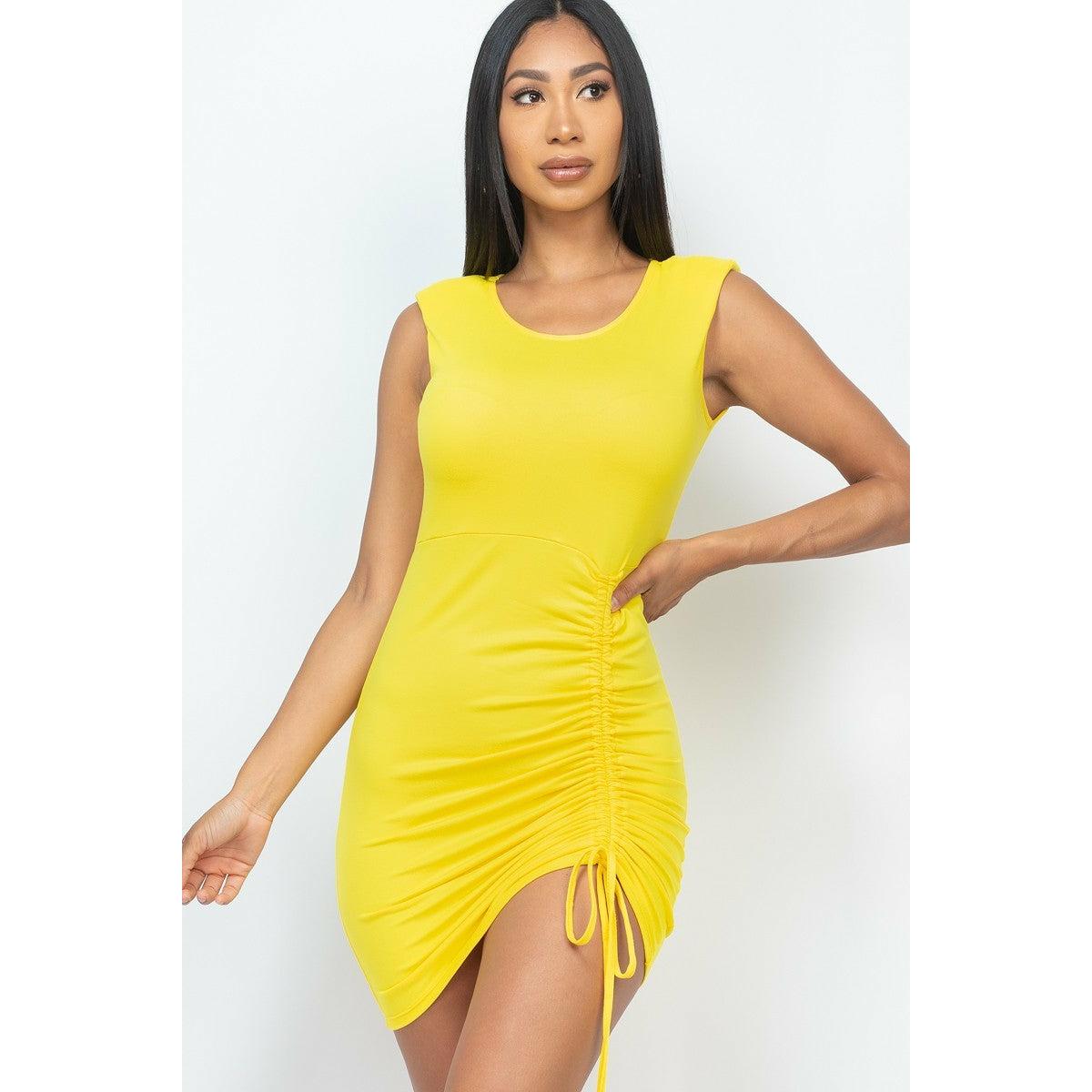 Sleeveless Shoulder Pad Yellow Ruched Dress