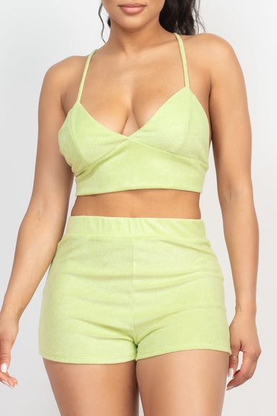 Lime Terry Towel Bralette Top & Mini Shorts Set
