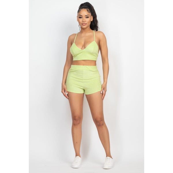 Lime Terry Towel Bralette Top & Mini Shorts Set