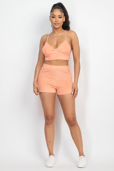 Orange Terry Towel Bralette Top & Mini Shorts Set