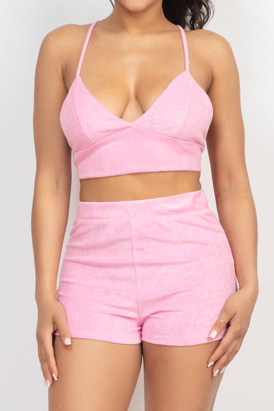 Pink Terry Towel Bralette Top & Mini Shorts Set