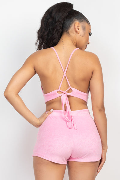 Pink Terry Towel Bralette Top & Mini Shorts Set