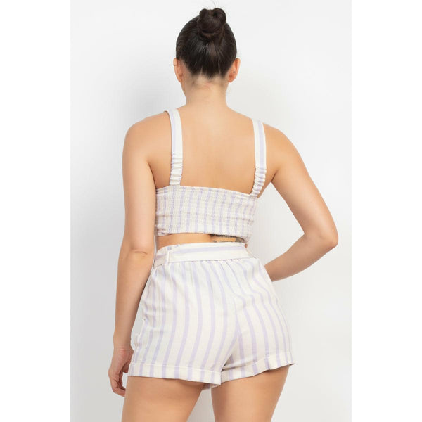 Sleeveless striped print crop top belted shorts set