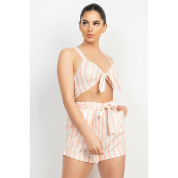 Sleeveless striped print crop top belted shorts set