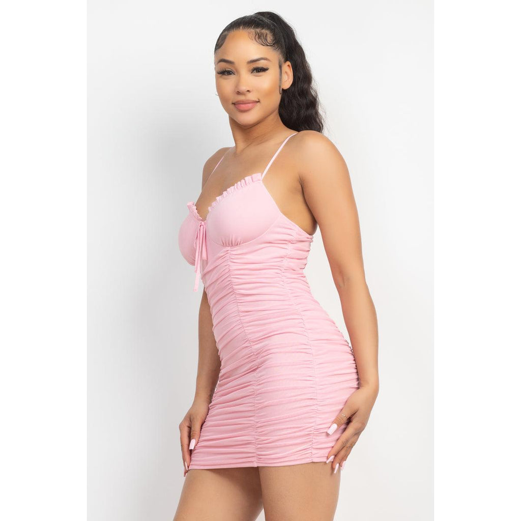 Shirred Bodycon Ruffled Trim Dress