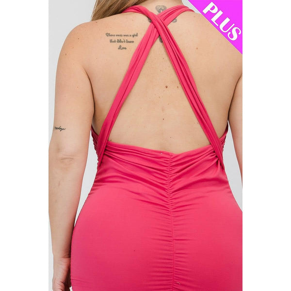 Plus size plunging neck crisscross back ruched bodycon dress