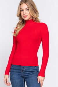 Long Sleeve Red Mock Neck Rib Sweater