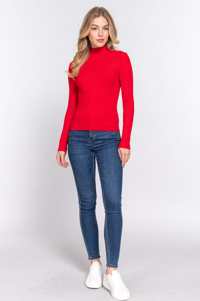 Long Sleeve Red Mock Neck Rib Sweater