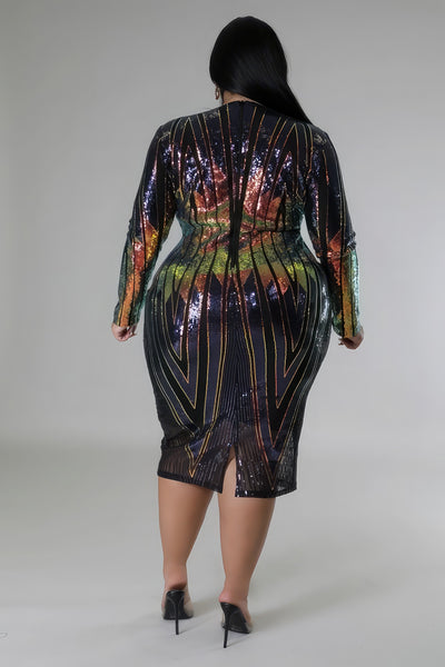 Plus Size Long Sleeve Stretch Multicolor Sequin V-Front Dress 