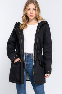 Black Fleece Lined Fur Hoodie Utility Jacket