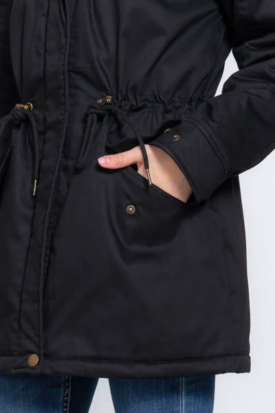Black Fleece Lined Fur Hoodie Utility Jacket