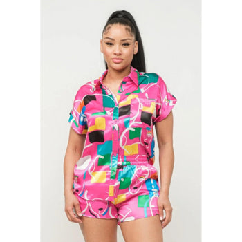 Short Sleeve Satin Button Down Lightweight Shorts Set