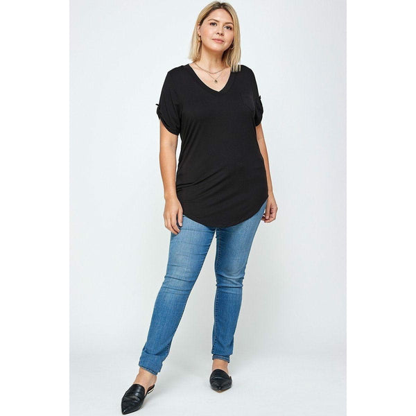 Plus size short sleeve solid knit v-neck top