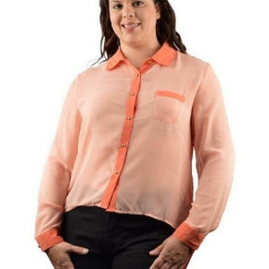 Plus size long sleeve button front see through shirt