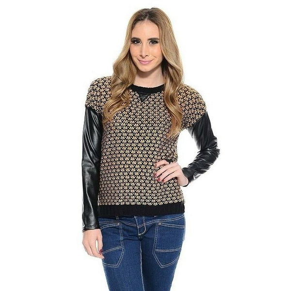 Juniors faux leather sleeve knitted sweater