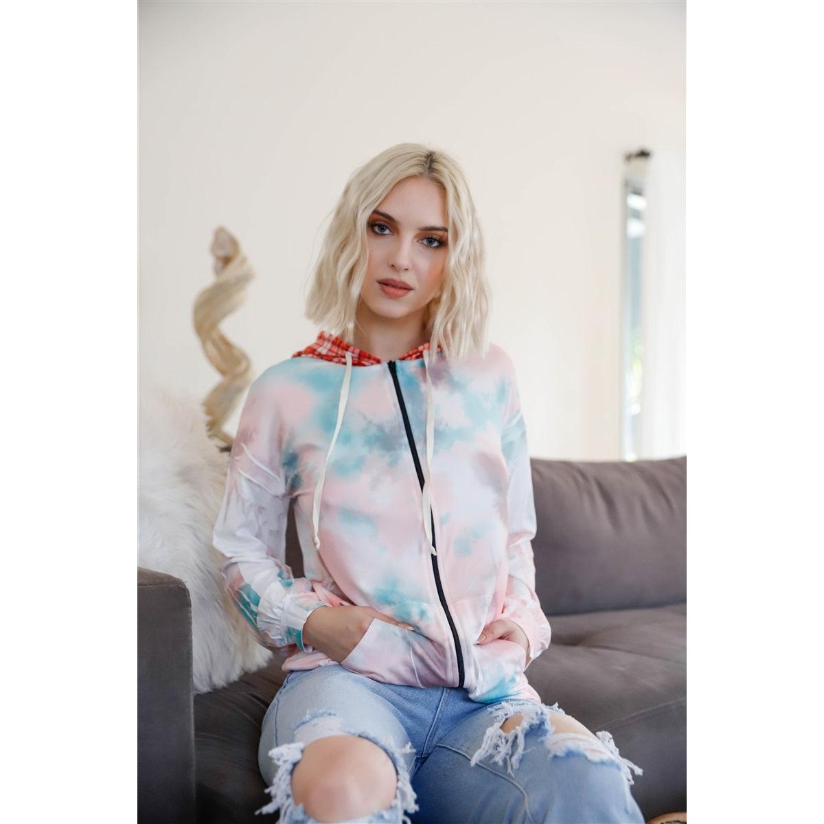 Tie-dye print contrast adjustable drawstrings hood sweater