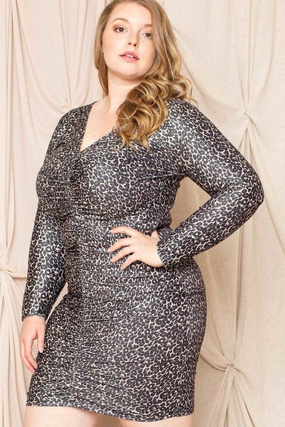 Plus size long sleeve leopard print shirring mini dress