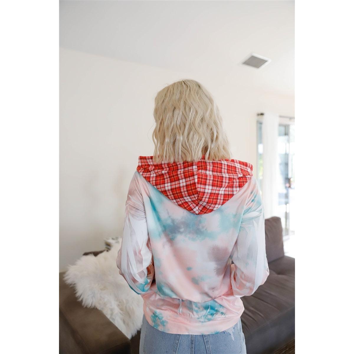 Tie-dye print contrast adjustable drawstrings hood sweater