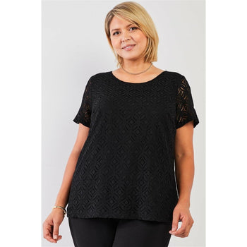 Plus size short sleeve round neck lace embroidery front top