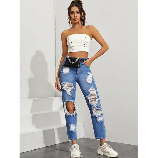 High waisted light blue ripped straight leg jeans