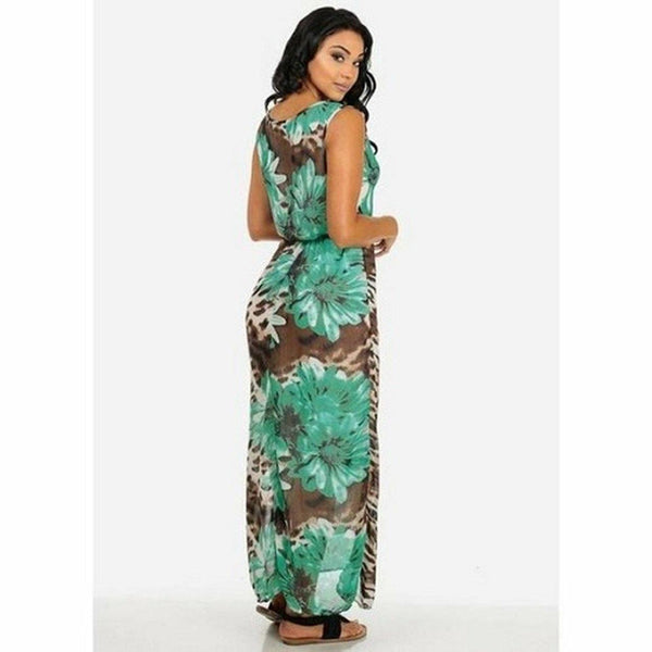 Floral maxi long chiffon sleeveless dress