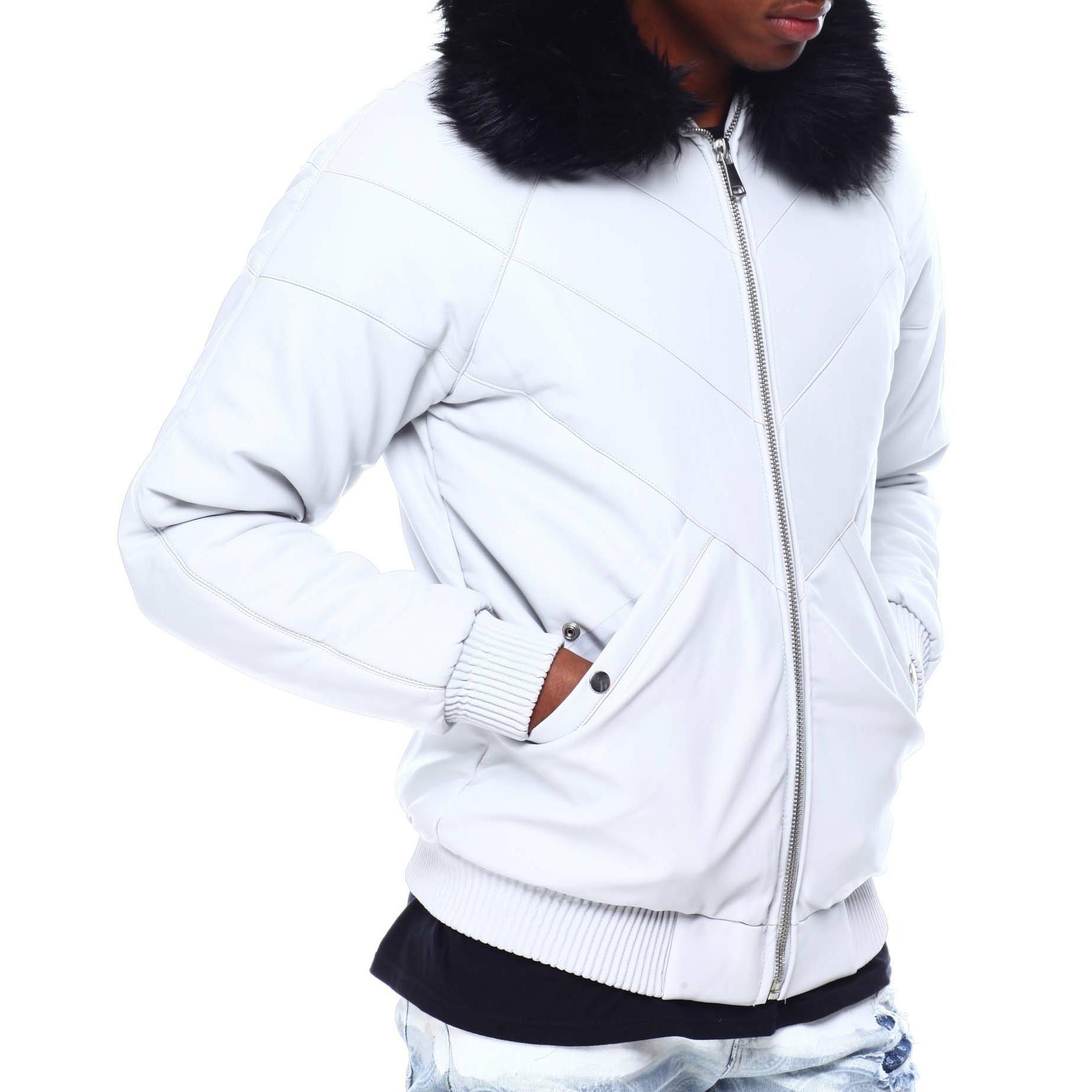 Men's removable faux fur collar pu leather jacket