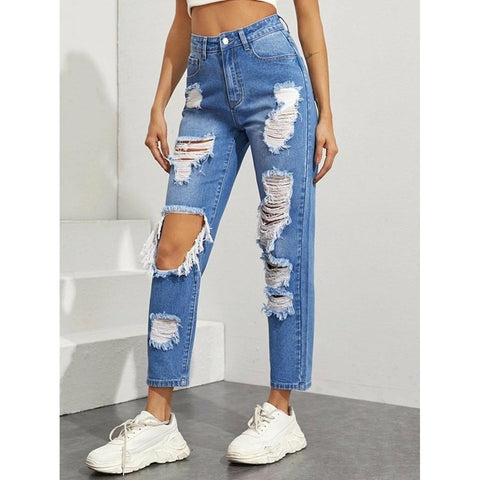 High waisted light blue ripped straight leg jeans